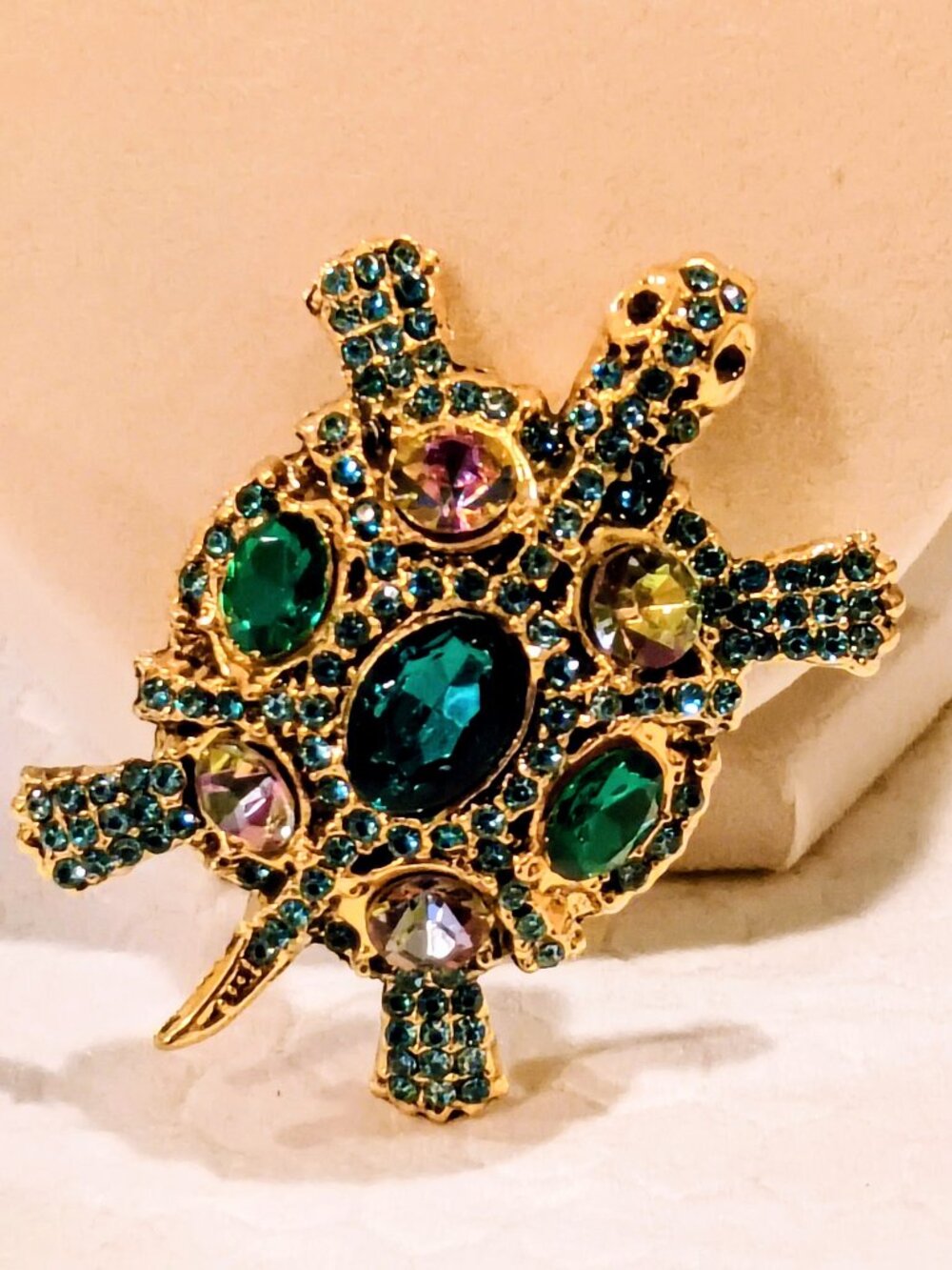 Turtle Brooch Green Rhinestones Chunky Sea Turtle Jewelry